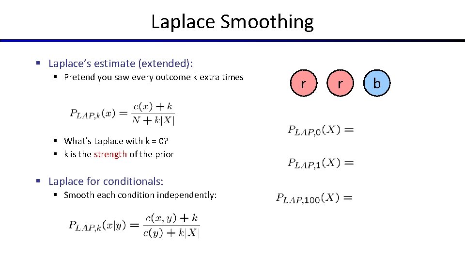 Laplace Smoothing § Laplace’s estimate (extended): § Pretend you saw every outcome k extra