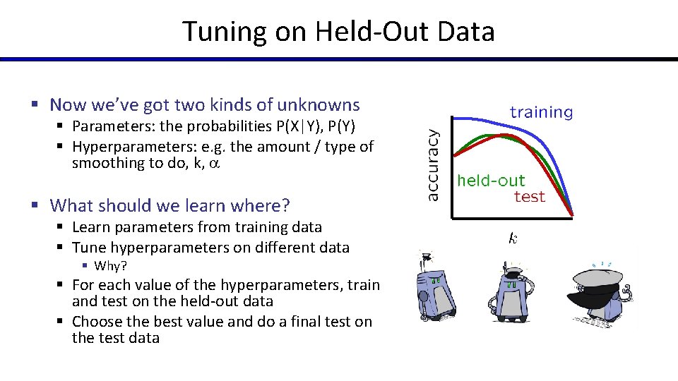 Tuning on Held-Out Data § Now we’ve got two kinds of unknowns § Parameters: