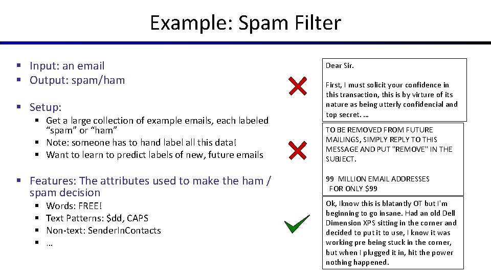 Example: Spam Filter § Input: an email § Output: spam/ham § Setup: § Get