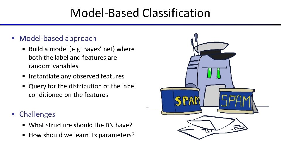 Model-Based Classification § Model-based approach § Build a model (e. g. Bayes’ net) where