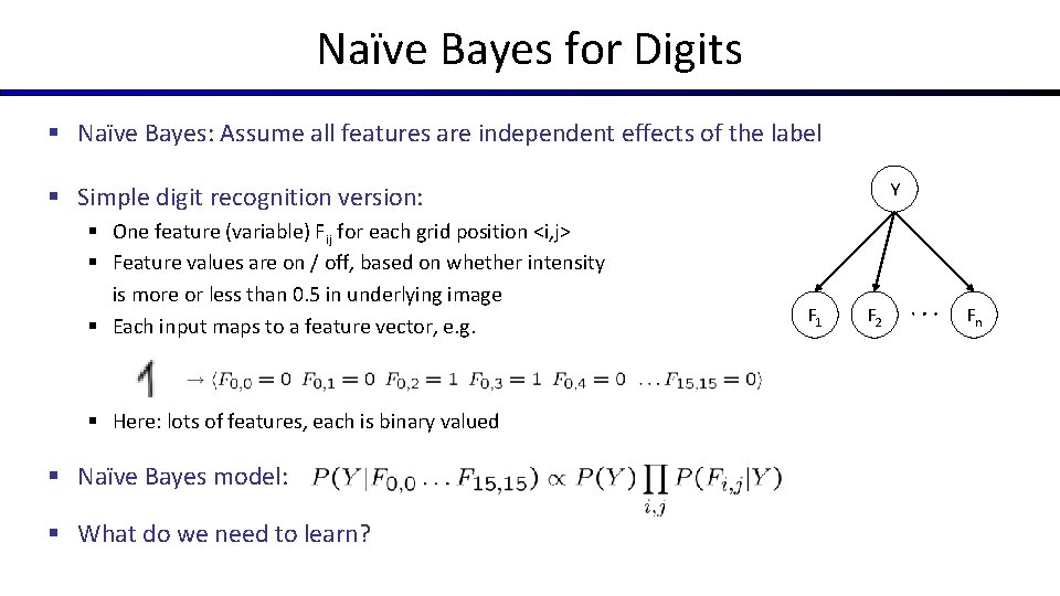 Naïve Bayes for Digits § Naïve Bayes: Assume all features are independent effects of