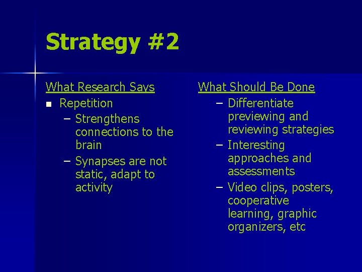 Strategy #2 What Research Says n Repetition – Strengthens connections to the brain –