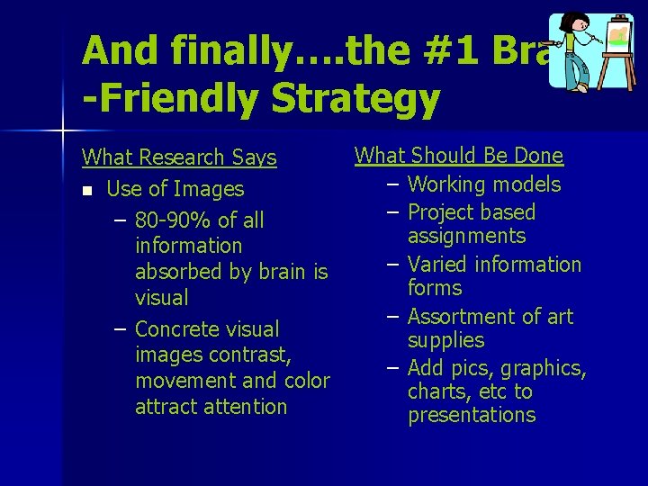 And finally…. the #1 Brain -Friendly Strategy What Research Says n Use of Images