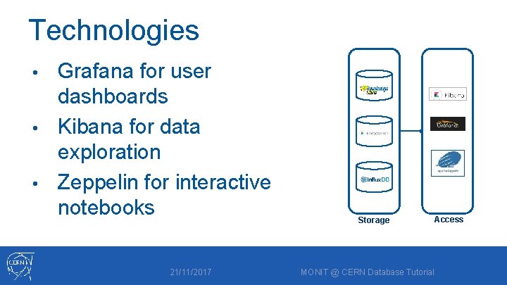 Technologies Grafana for user dashboards • Kibana for data exploration • Zeppelin for interactive