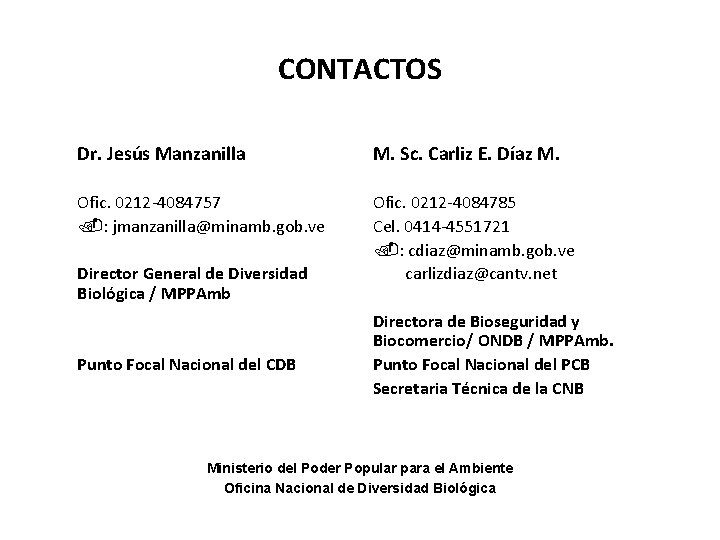 CONTACTOS Dr. Jesús Manzanilla M. Sc. Carliz E. Díaz M. Ofic. 0212 -4084757 :