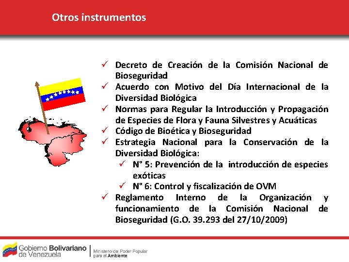 Otros instrumentos ü Decreto de Creación de la Comisión Nacional de Bioseguridad ü Acuerdo