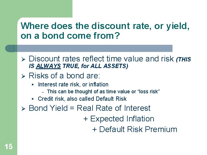 Where does the discount rate, or yield, on a bond come from? Ø Discount