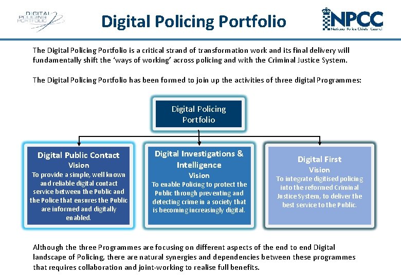 Digital Policing Portfolio The Digital Policing Portfolio is a critical strand of transformation work