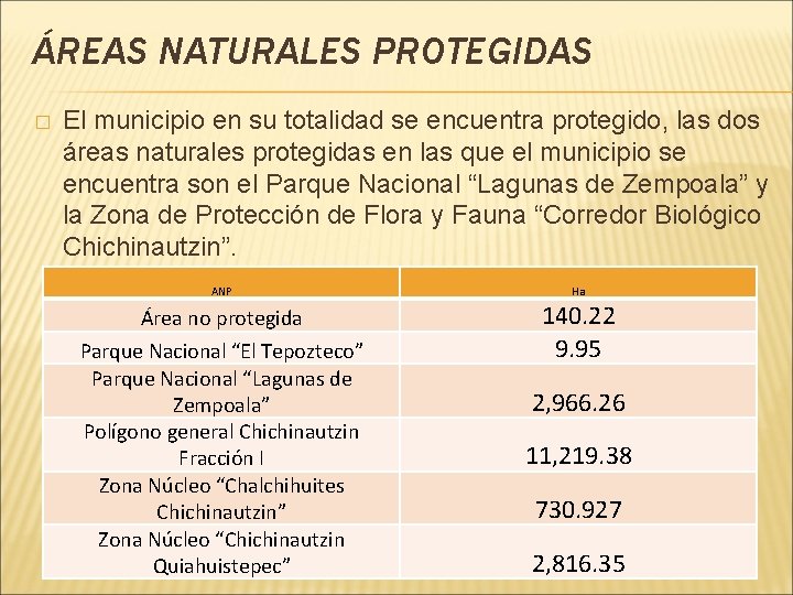 ÁREAS NATURALES PROTEGIDAS � El municipio en su totalidad se encuentra protegido, las dos