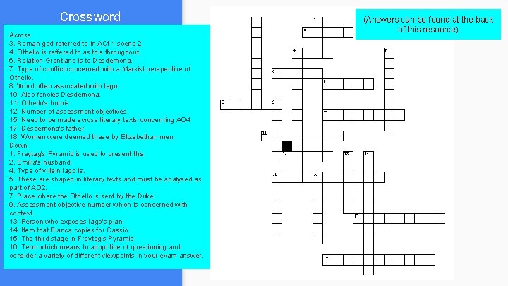 Crossword Across 3. Roman god referred to in ACt 1 scene 2. 4. Othello