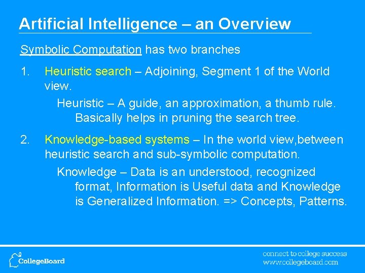 Artificial Intelligence – an Overview Symbolic Computation has two branches 1. Heuristic search –