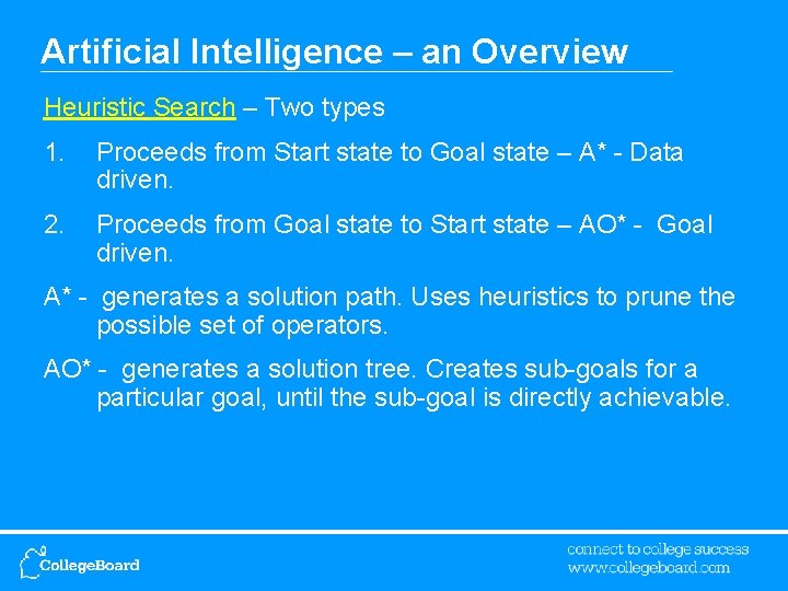 Artificial Intelligence – an Overview Heuristic Search – Two types 1. Proceeds from Start