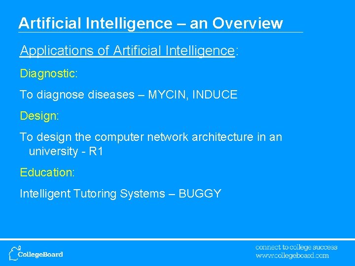 Artificial Intelligence – an Overview Applications of Artificial Intelligence: Diagnostic: To diagnose diseases –