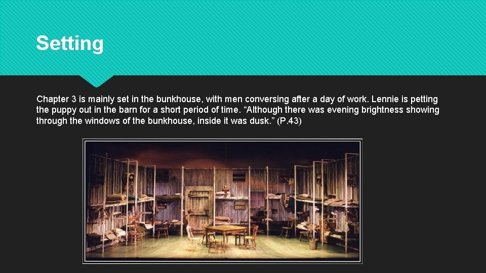 Setting Chapter 3 is mainly set in the bunkhouse, with men conversing after a