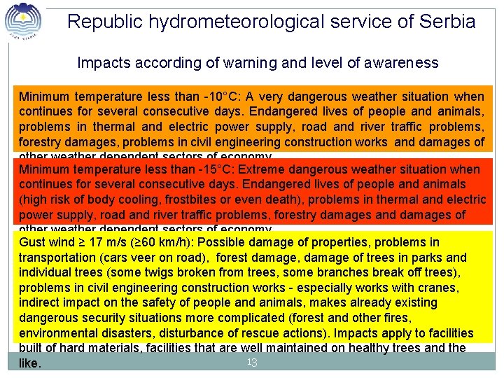 Republic hydrometeorological service of Serbia Impacts according of warning and level of awareness Minimum