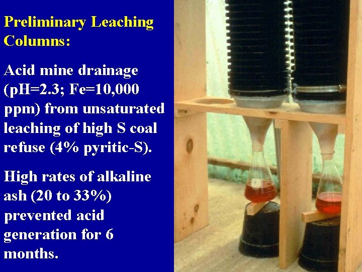 Preliminary Leaching Columns: Acid mine drainage (p. H=2. 3; Fe=10, 000 ppm) from unsaturated