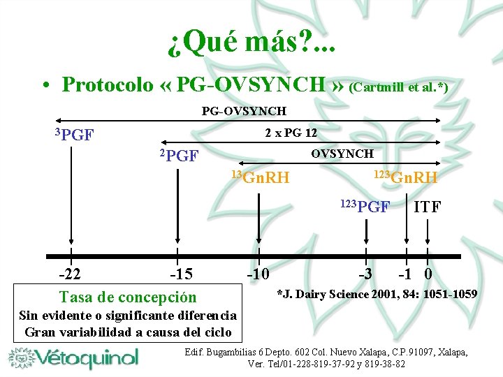 ¿Qué más? . . . • Protocolo « PG-OVSYNCH » (Cartmill et al. *)