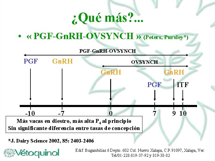 ¿Qué más? . . . • « PGF-Gn. RH-OVSYNCH » (Peters, Pursley*) PGF-Gn. RH-OVSYNCH