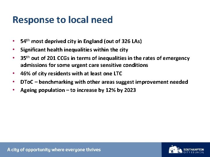 Response to local need • 54 th most deprived city in England (out of