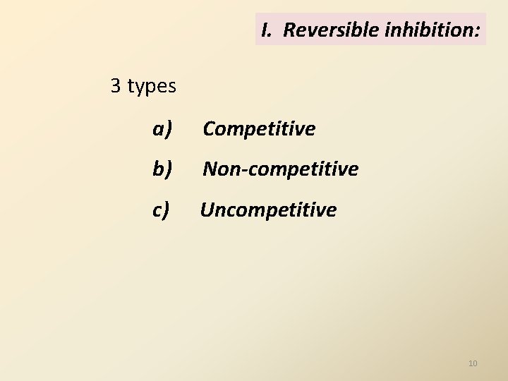 I. Reversible inhibition: 3 types a) Competitive b) Non-competitive c) Uncompetitive 10 