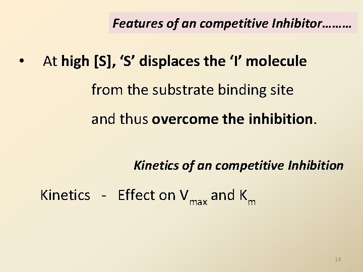 Features of an competitive Inhibitor……… • At high [S], ‘S’ displaces the ‘I’ molecule