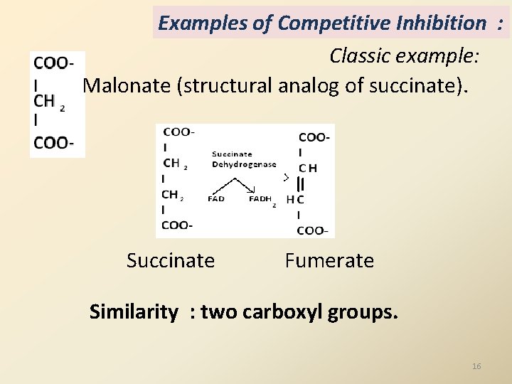 Examples of Competitive Inhibition : Classic example: Malonate (structural analog of succinate). Succinate Fumerate