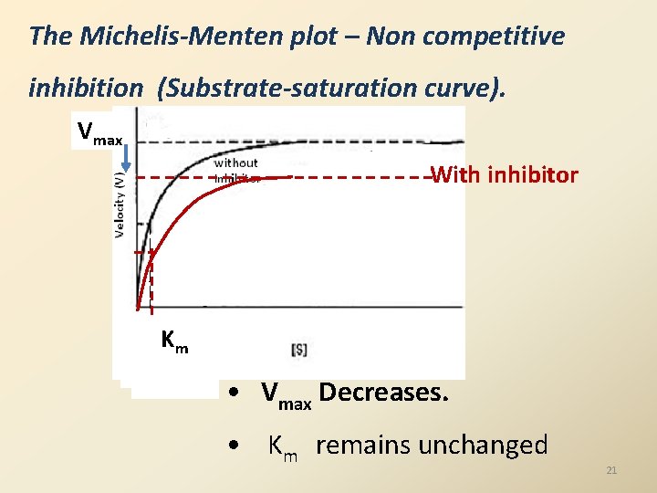 The Michelis-Menten plot – Non competitive inhibition (Substrate-saturation curve). Vmax With inhibitor KKm m