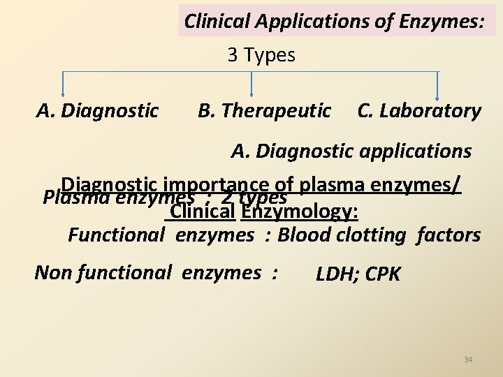 Clinical Applications of Enzymes: 3 Types A. Diagnostic B. Therapeutic C. Laboratory A. Diagnostic