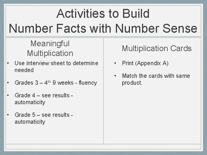 Activities to Build Number Facts with Number Sense Meaningful Multiplication • Use interview sheet