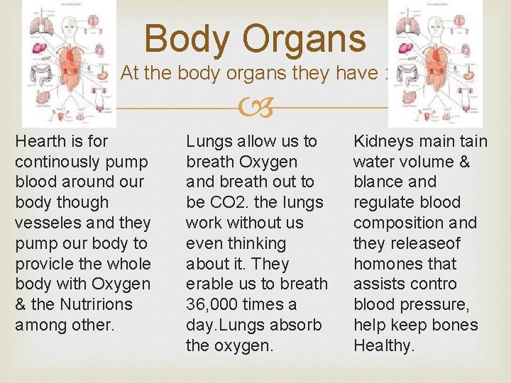Body Organs At the body organs they have : Hearth is for continously pump