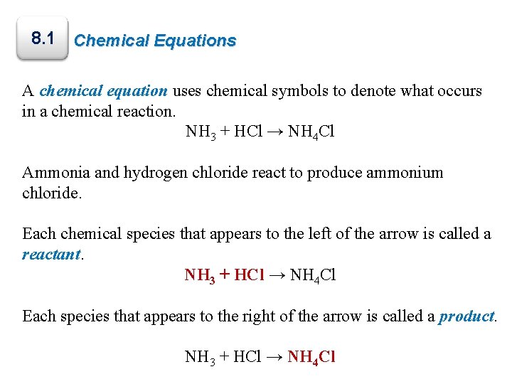8. 1 Chemical Equations A chemical equation uses chemical symbols to denote what occurs