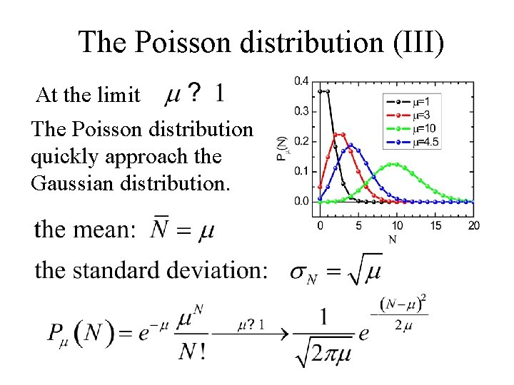 The Poisson distribution (III) At the limit The Poisson distribution quickly approach the Gaussian The Poisson distribution (III) At the limit The Poisson distribution quickly approach the Gaussian