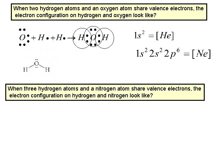 When two hydrogen atoms and an oxygen atom share valence electrons, the electron configuration