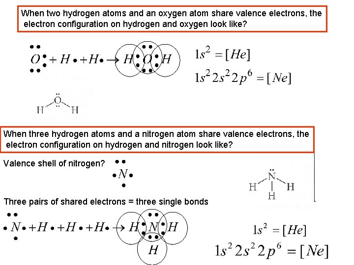 When two hydrogen atoms and an oxygen atom share valence electrons, the electron configuration