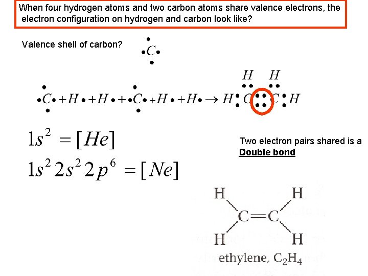When four hydrogen atoms and two carbon atoms share valence electrons, the electron configuration