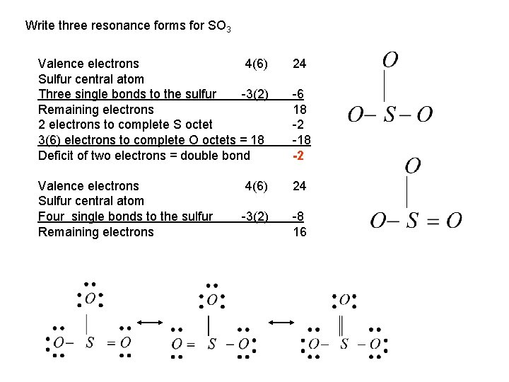 Write three resonance forms for SO 3 Valence electrons 4(6) Sulfur central atom Three