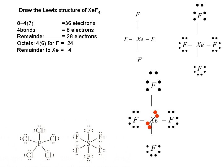 Draw the Lewis structure of Xe. F 4 8+4(7) =36 electrons 4 bonds =