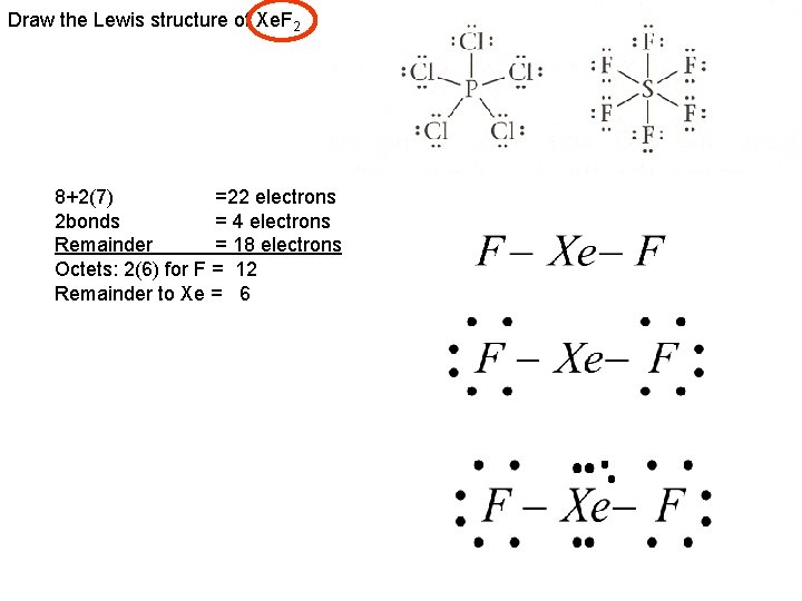 Draw the Lewis structure of Xe. F 2 8+2(7) =22 electrons 2 bonds =