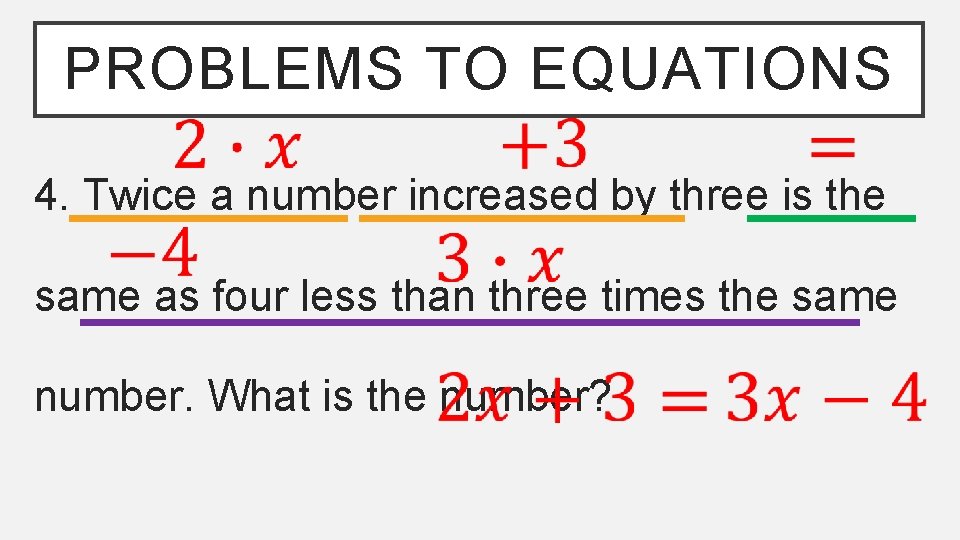 PROBLEMS TO EQUATIONS 4. Twice a number increased by three is the same as