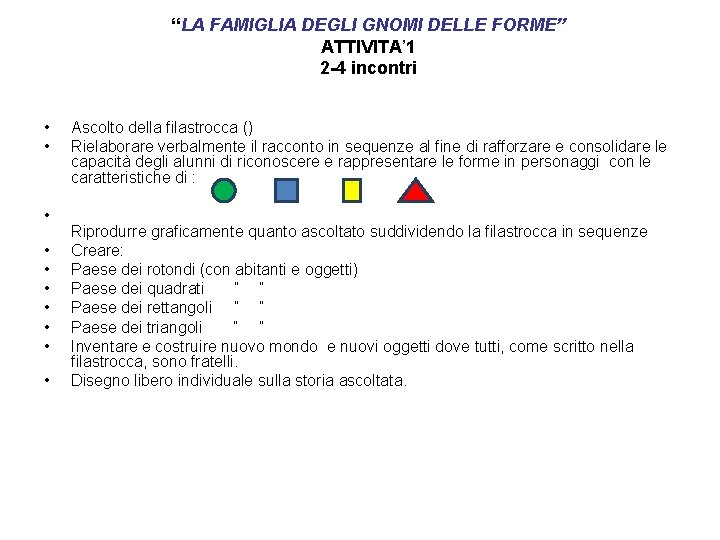 “LA FAMIGLIA DEGLI GNOMI DELLE FORME” ATTIVITA’ 1 2 -4 incontri • • •