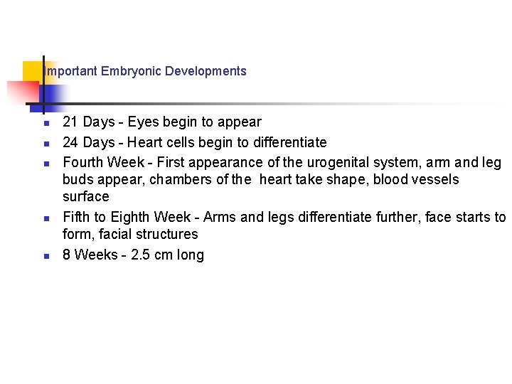 Important Embryonic Developments n n n 21 Days - Eyes begin to appear 24