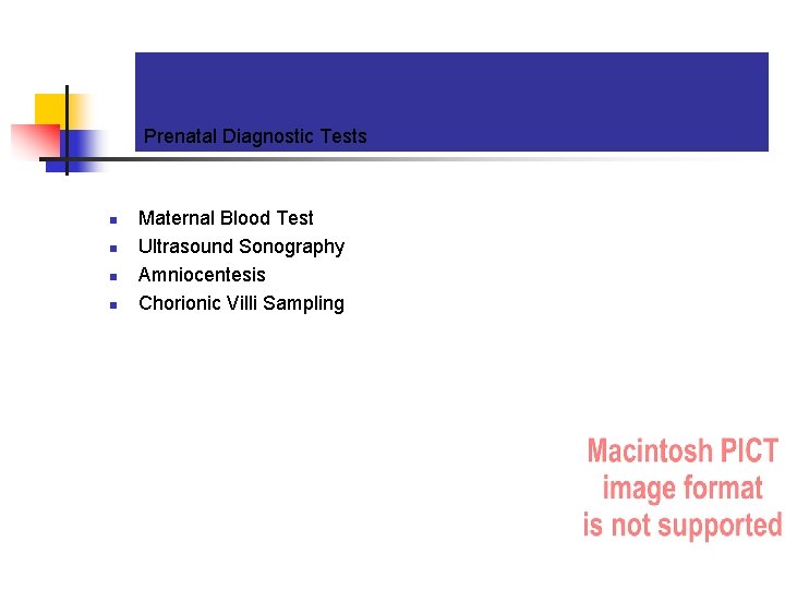 Prenatal Diagnostic Tests n n Maternal Blood Test Ultrasound Sonography Amniocentesis Chorionic Villi Sampling