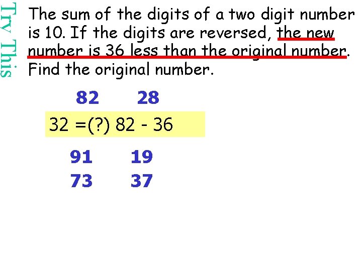 Try This The sum of the digits of a two digit number is 10.