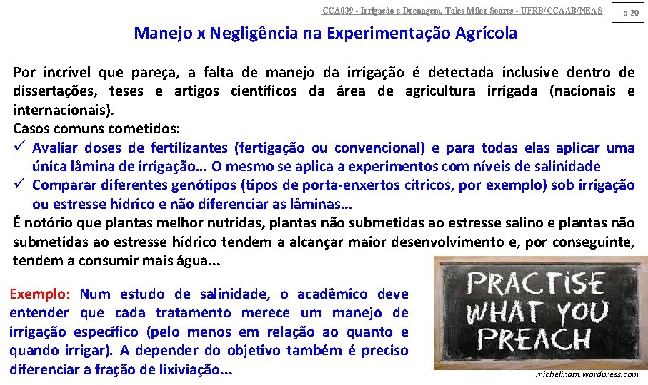 CCA 039 - Irrigação e Drenagem. Tales Miler Soares - UFRB/CCAAB/NEAS p. 20 Manejo