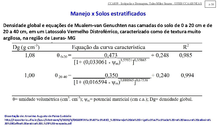 CCA 039 - Irrigação e Drenagem. Tales Miler Soares - UFRB/CCAAB/NEAS p. 38 Manejo