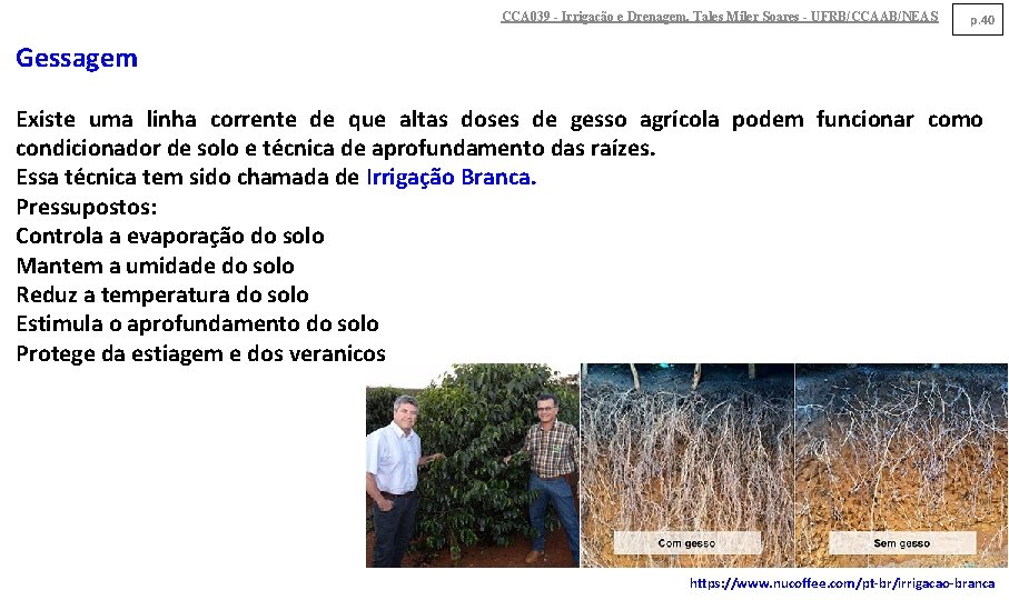 CCA 039 - Irrigação e Drenagem. Tales Miler Soares - UFRB/CCAAB/NEAS p. 40 Gessagem