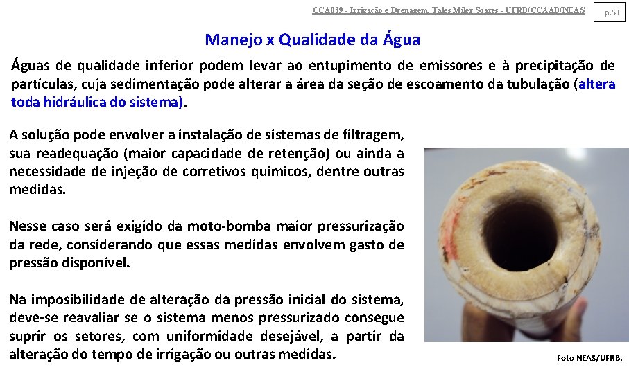 CCA 039 - Irrigação e Drenagem. Tales Miler Soares - UFRB/CCAAB/NEAS p. 51 Manejo