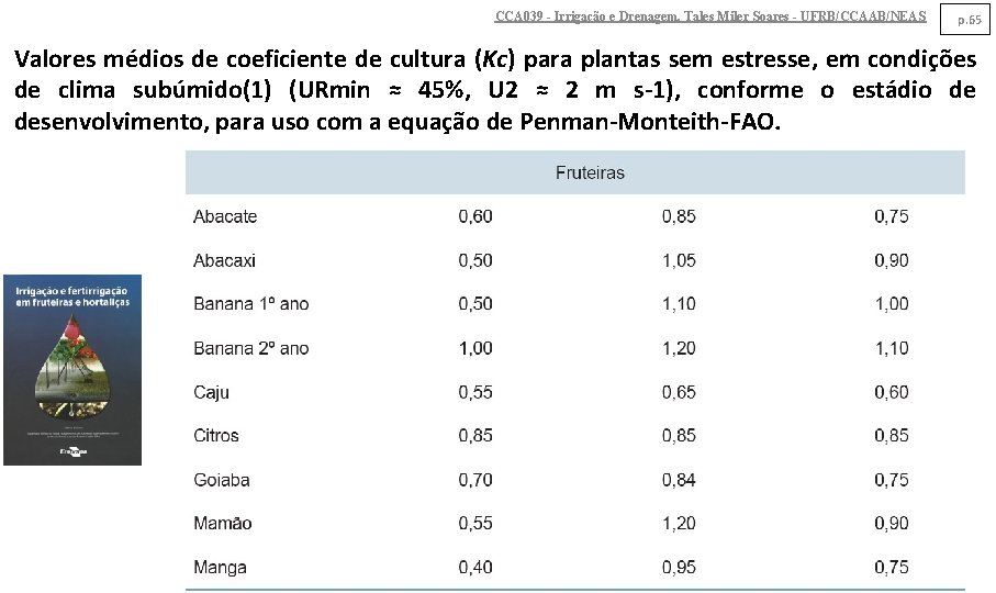 CCA 039 - Irrigação e Drenagem. Tales Miler Soares - UFRB/CCAAB/NEAS p. 65 Valores