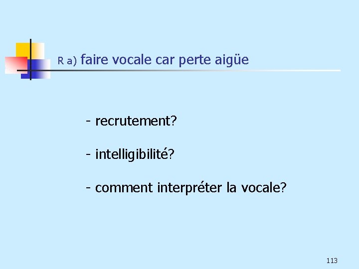 R a) faire vocale car perte aigüe - recrutement? - intelligibilité? - comment interpréter