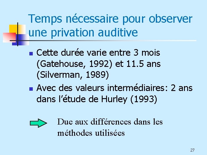 Temps nécessaire pour observer une privation auditive n n Cette durée varie entre 3